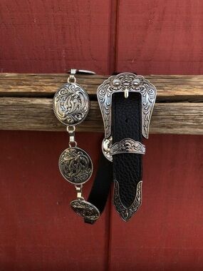 Western Silver-Tone Black Leather Belt with Ornate Conchos